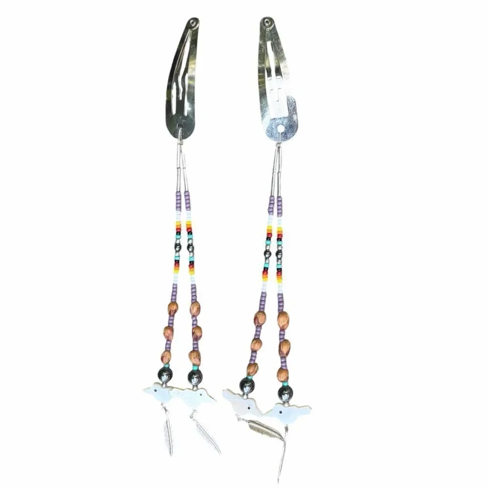 Two Native American Beaded Bird Dangle Snap Barrettes Hair New Mexico Western